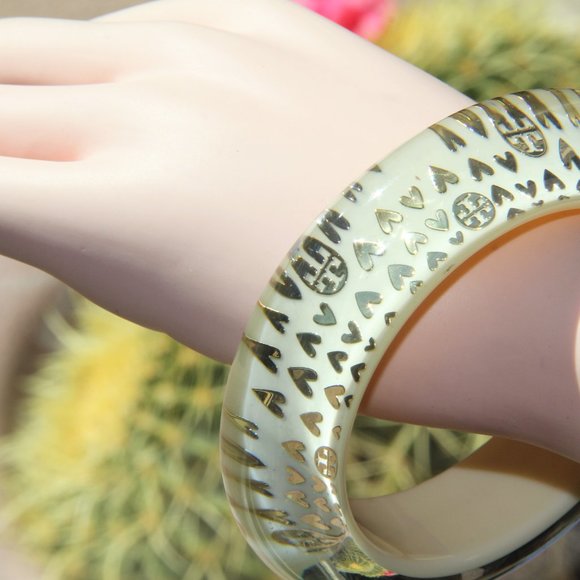 Tory Burch Clear, Ivory Lucite Gold Heart Bangle - Picture 9 of 12